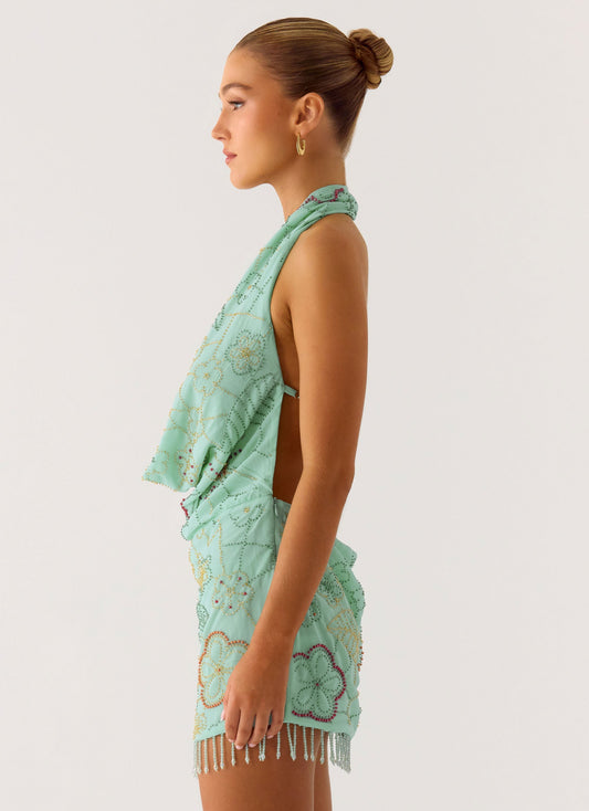 Outlaw Beaded Mini Dress - Mint Aqua