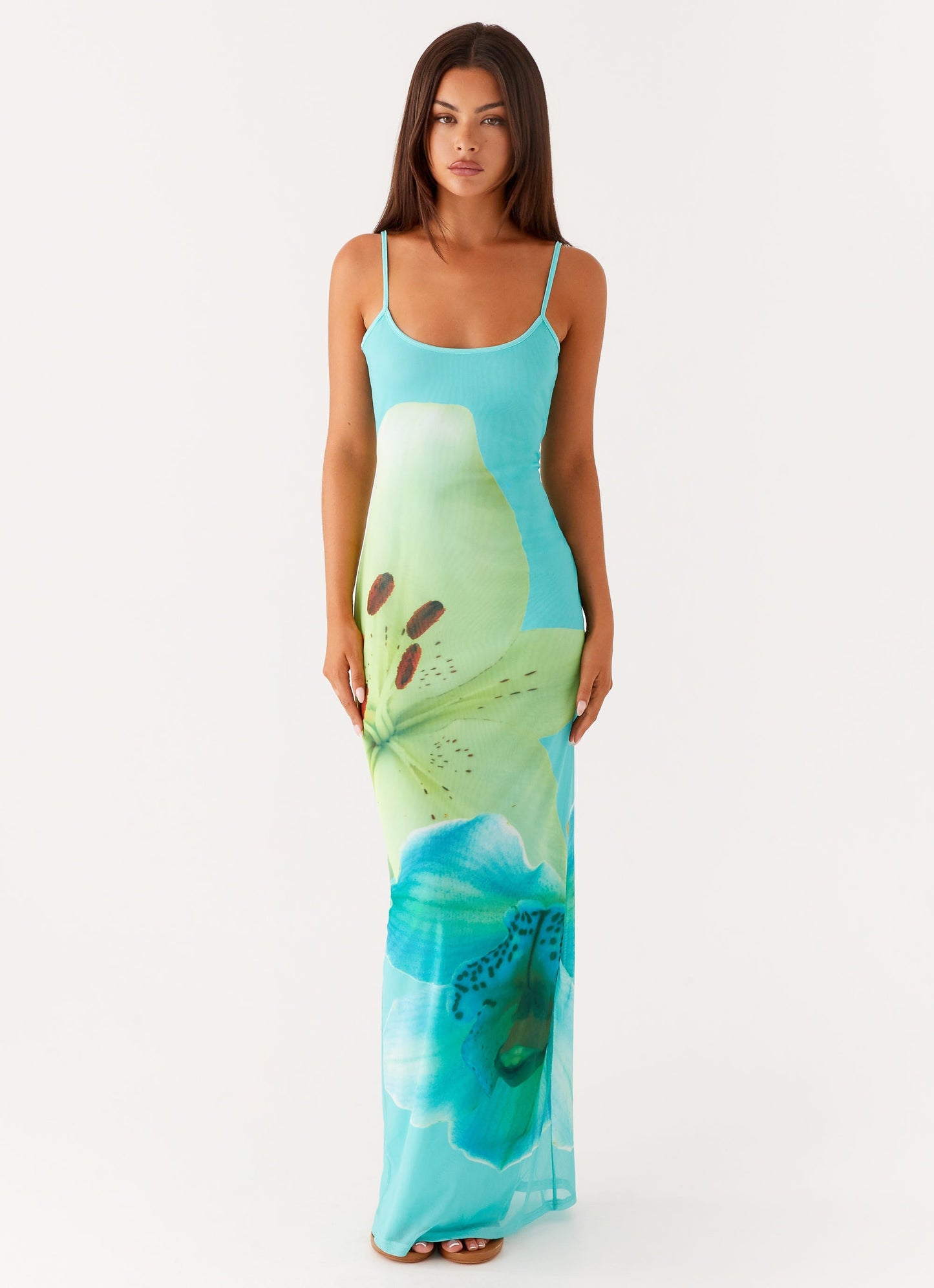 Bad News Mesh Maxi Dress - Turquoise Floral