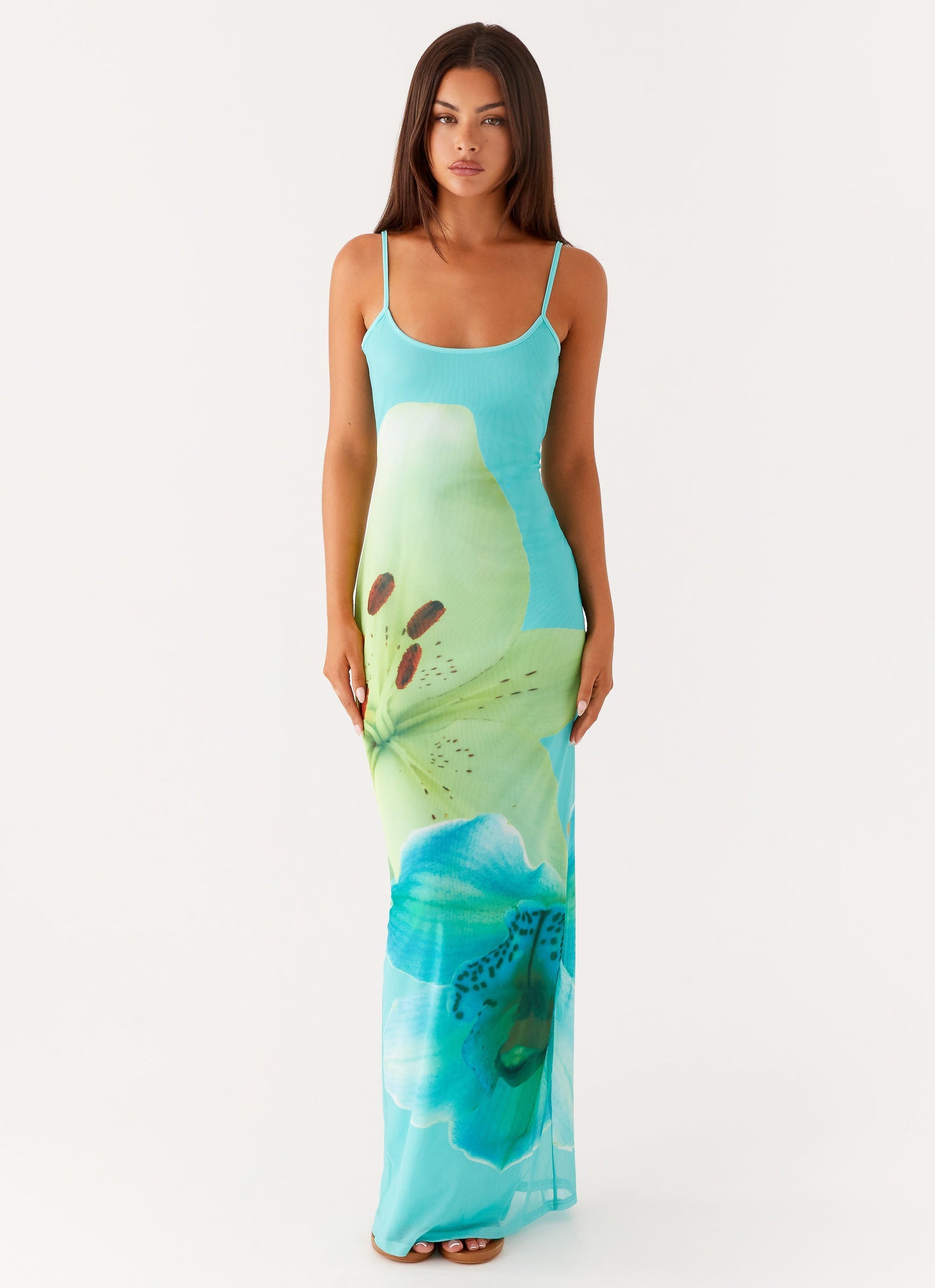 Bad News Mesh Maxi Dress - Turquoise Floral