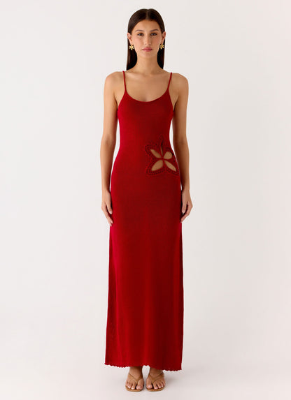 Palm Breeze Flower Crochet Maxi Dress - Burnt Red