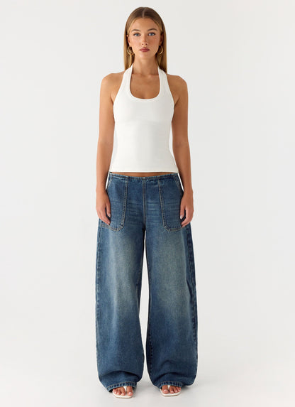 Seethal Low Rise Washed Denim Jeans - Mid Wash Blue
